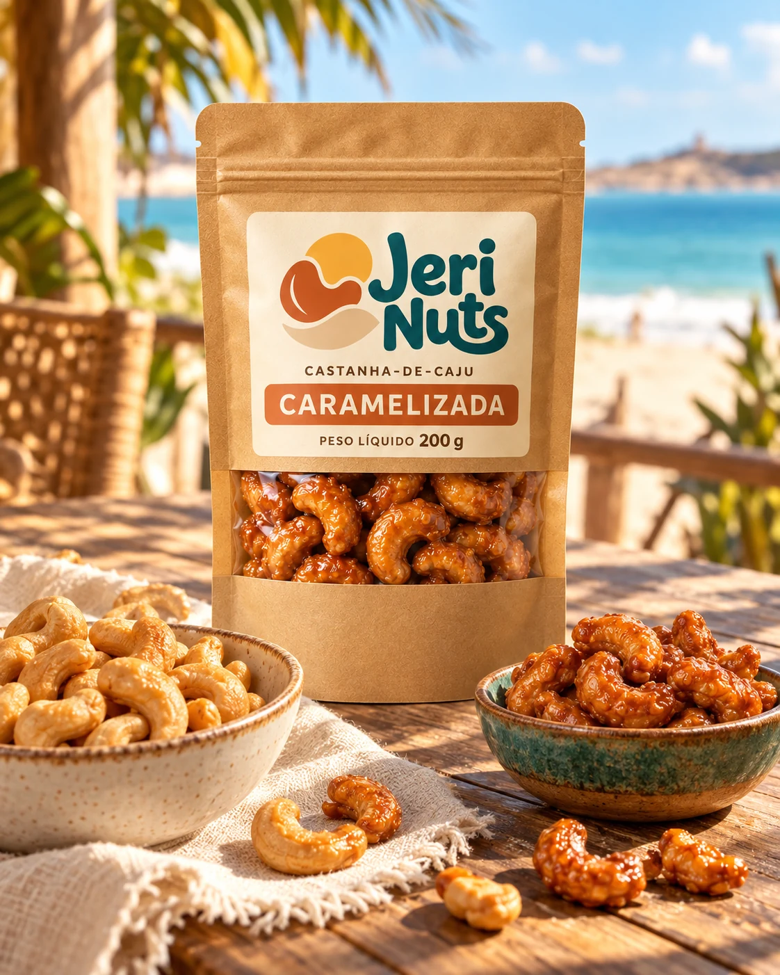 Castanhas Jeri Nuts em embalagem kraft em uma composição à beira-mar