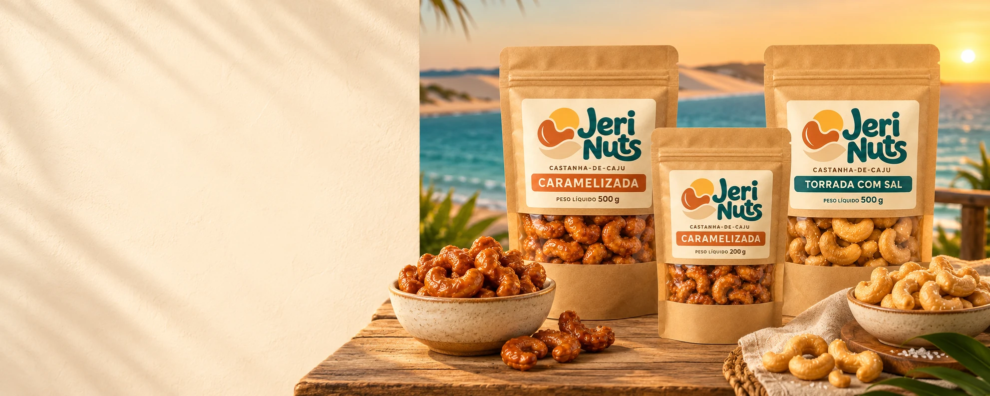 Castanhas Jeri Nuts em pouch kraft com visor e rótulo adesivo, versões de 200 g e 500 g